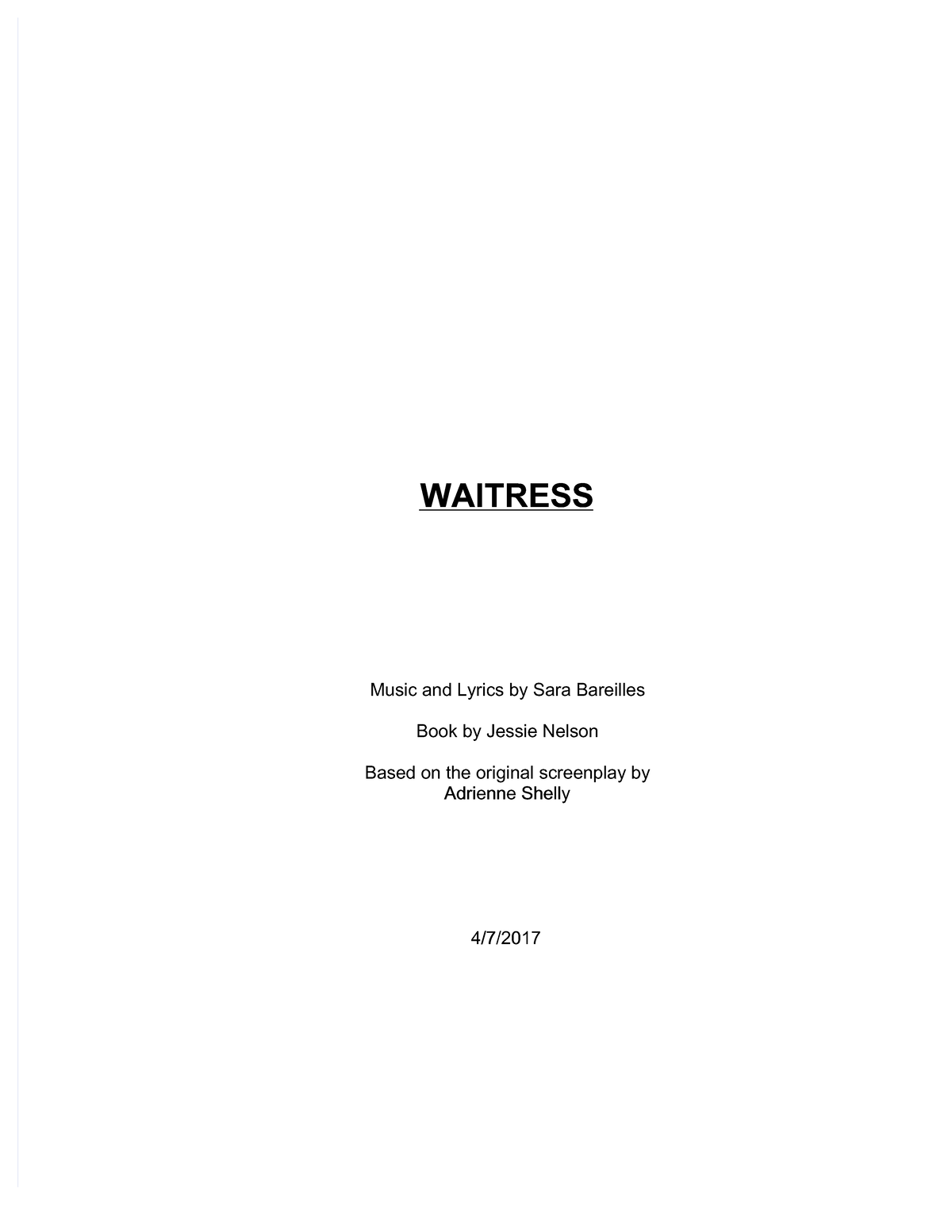 Waitress script - WAITRESSWAITRESS Music and Lyrics by Sara ...