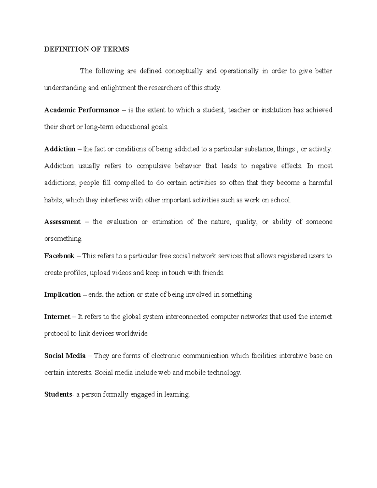 Research Statement of the problem - DEFINITION OF TERMS The following ...