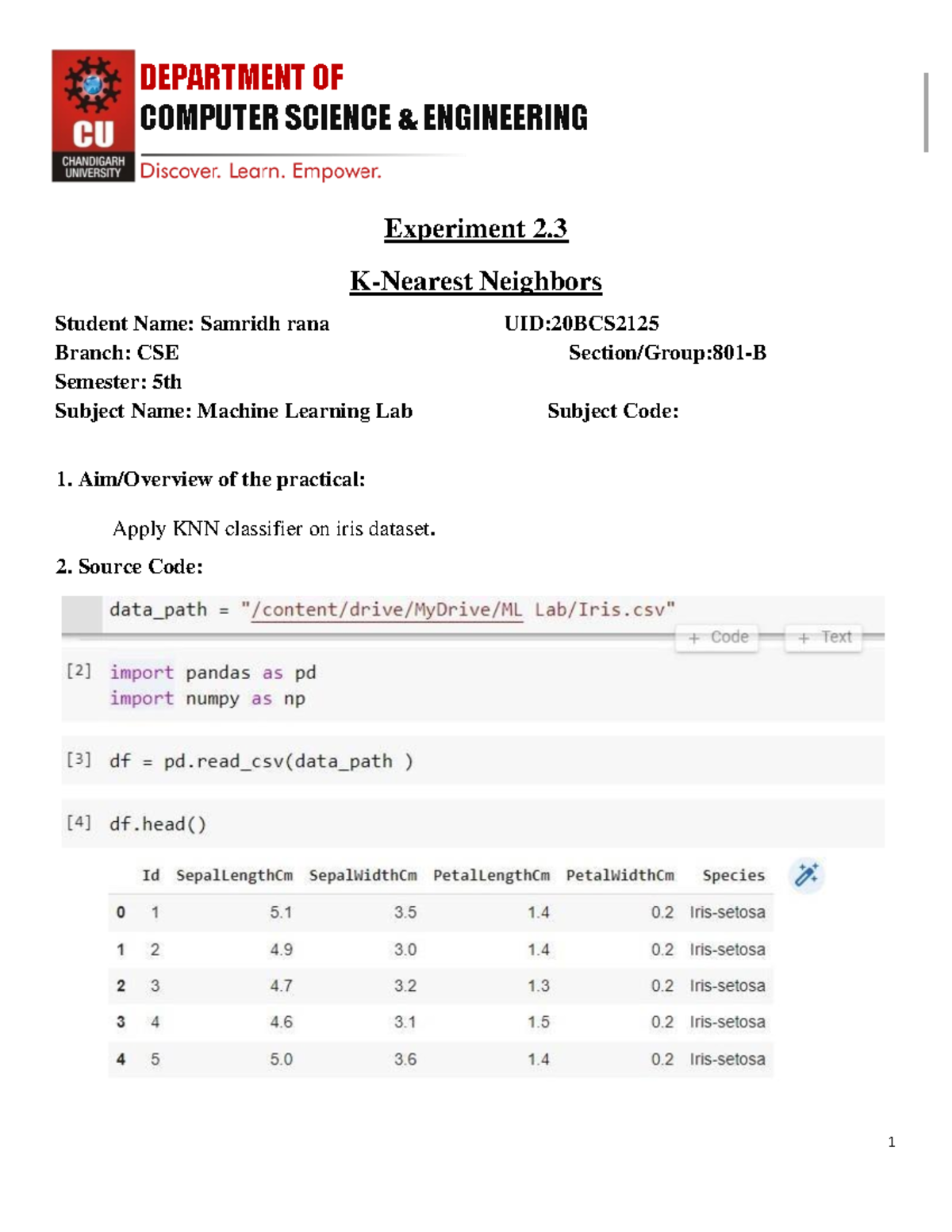 ML Exp-2.3 (20BCS2125) - COMPUTER SCIENCE & ENGINEERING Experiment 2. K ...