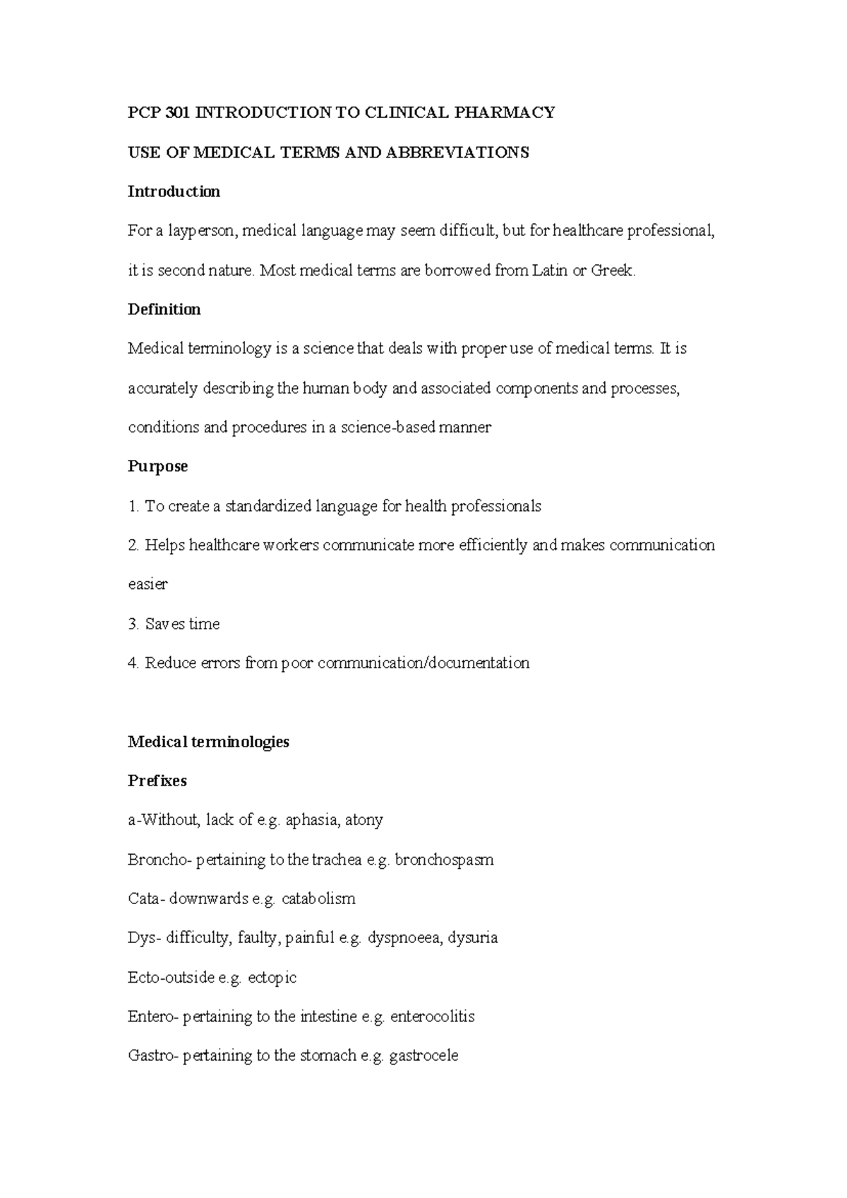 PCP 301 USE OF Medical Terms AND Abbreviations - PCP 301 INTRODUCTION ...