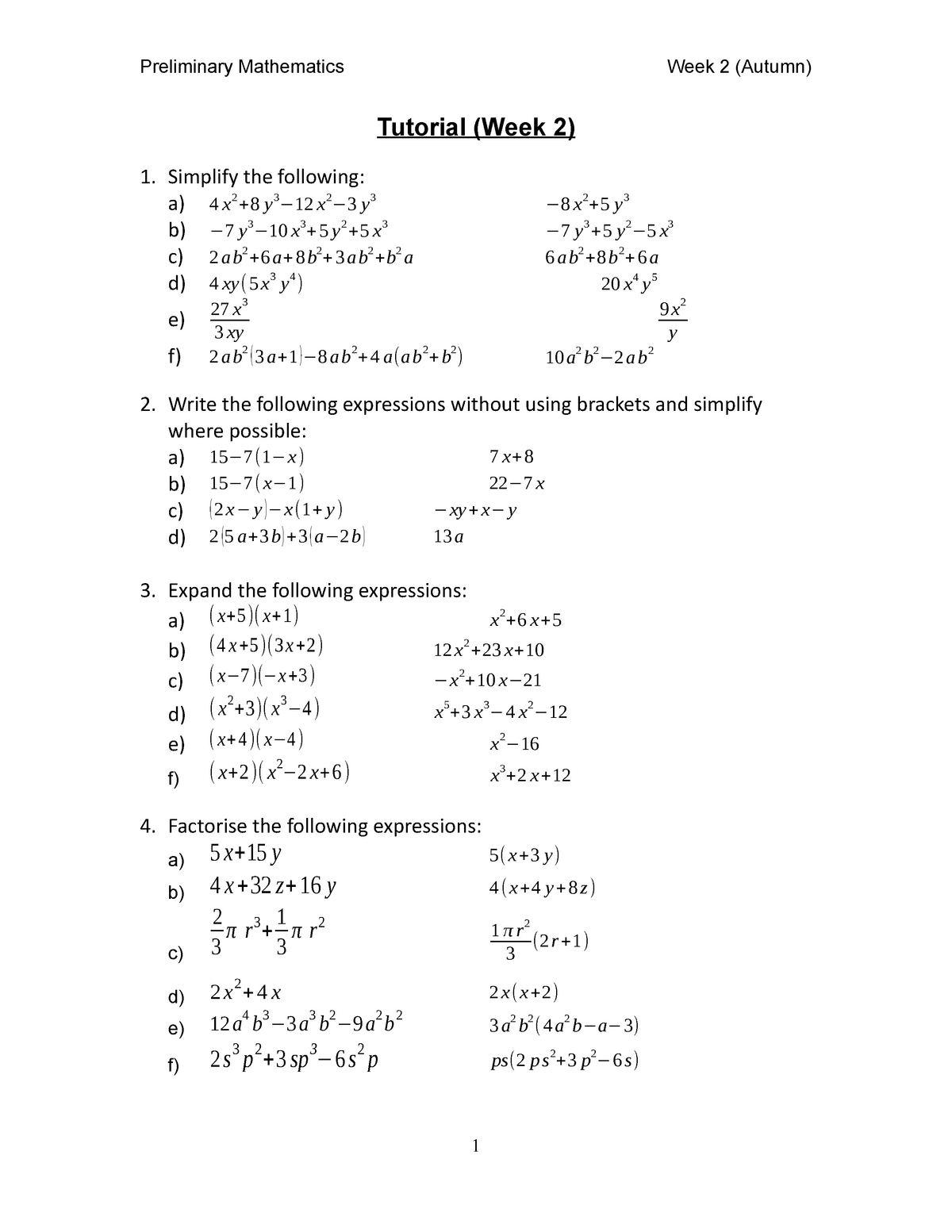 Tutorial 2 With Answers 3ej502 Preliminary Mathematics Week Autumn Tutorial Studocu
