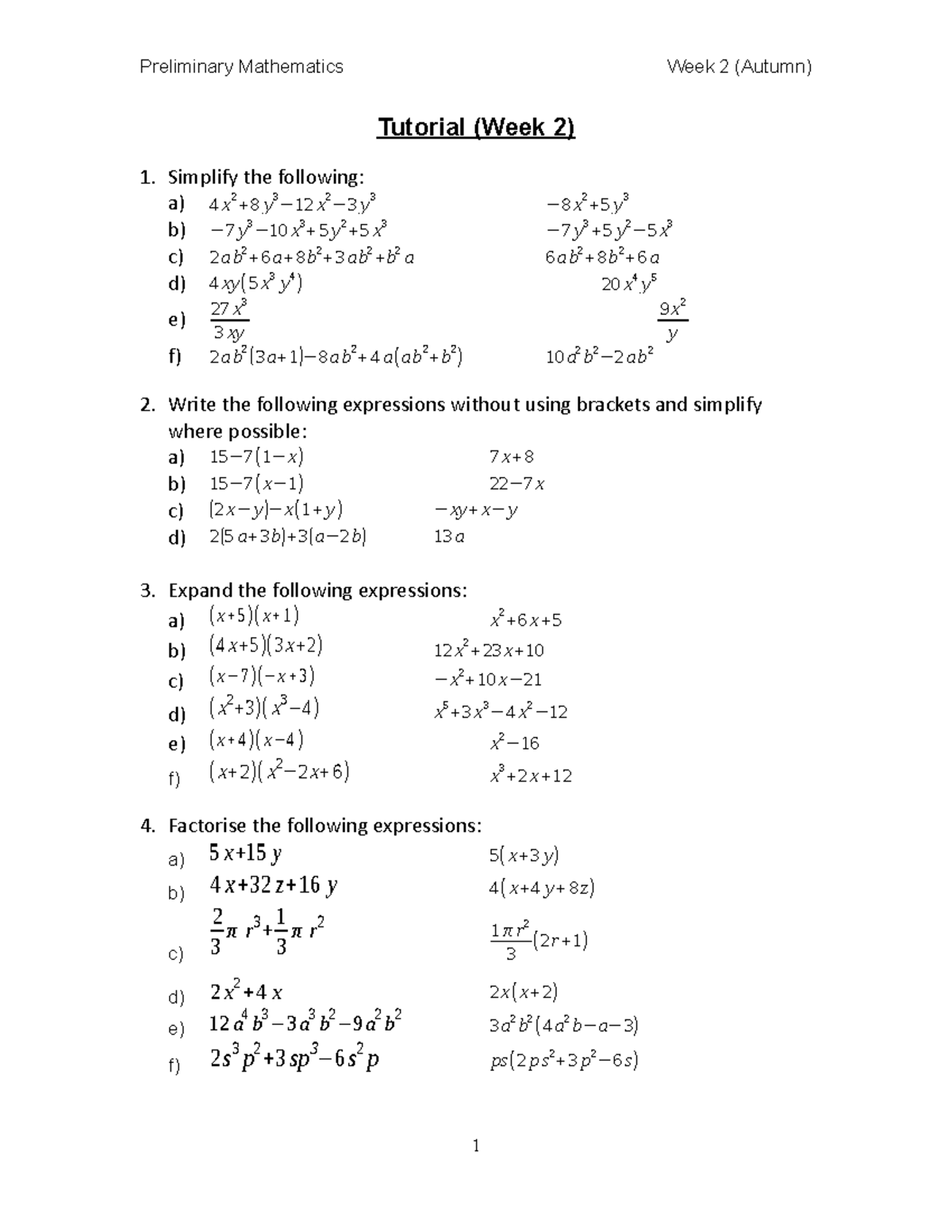 Tutorial 2 With Answers Preliminary Mathematics Week Autumn Tutorial Week Studocu