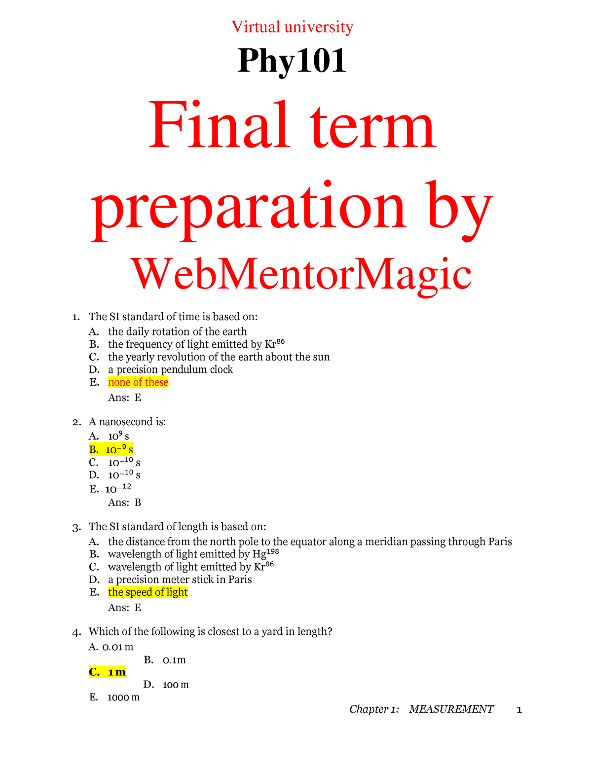 Phy101 Final Term By Webmentormagic - Chapter 1: MEASUREMENT 1 Virtual ...