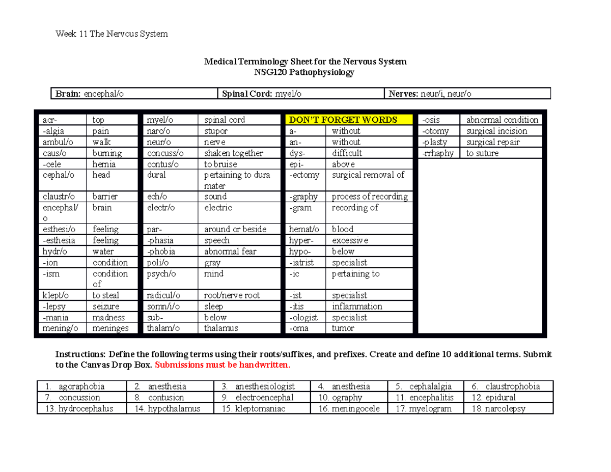 Module 11 Medical Terminology Sheet for Nervous System 2022 - Medical ...