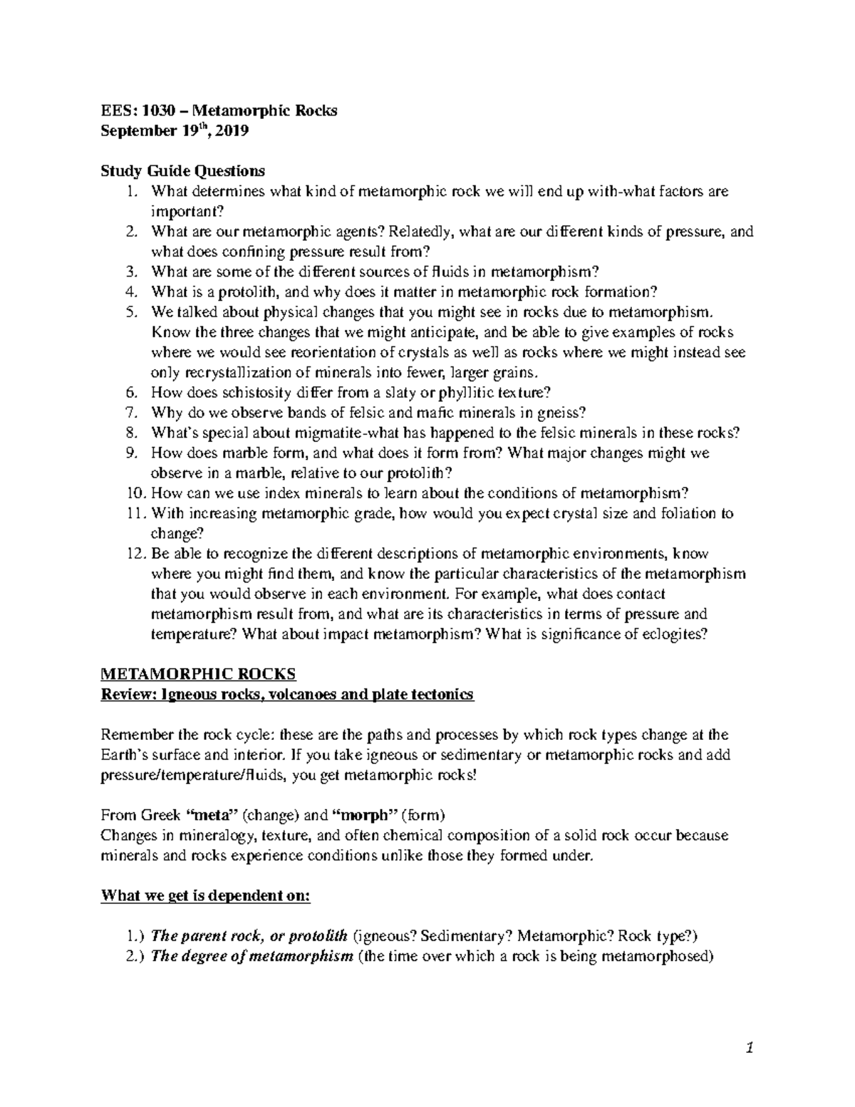 19-08 Met Rocks Notes-2 - EES: 1030 – Metamorphic Rocks September 19th ...
