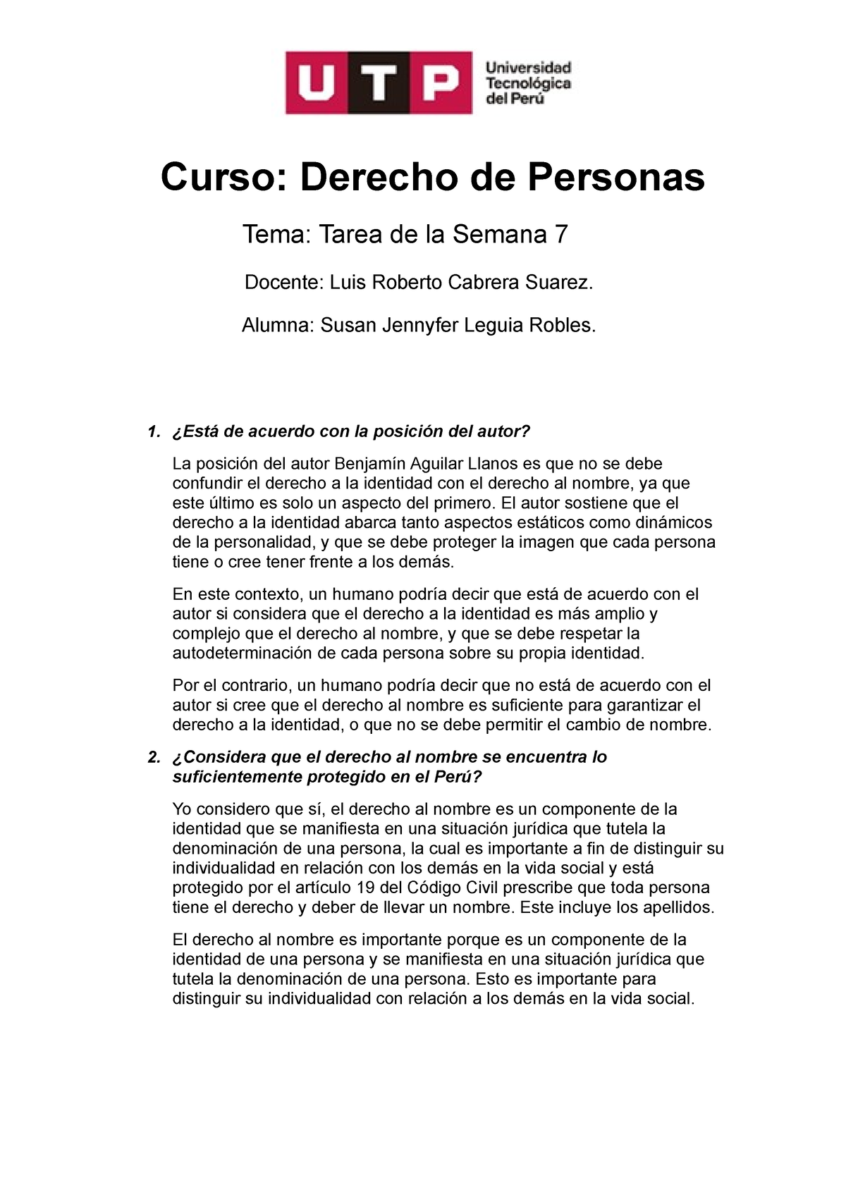 S Tarea DERECHO DE PERSONAS SEMANA Curso Derecho De Personas Tema Tarea De La Semana