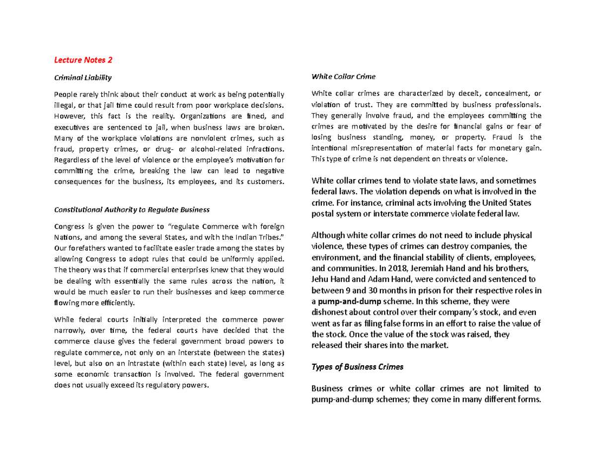 Lecture Notes 2 - Criminal Liability - Business Law and Regulations ...
