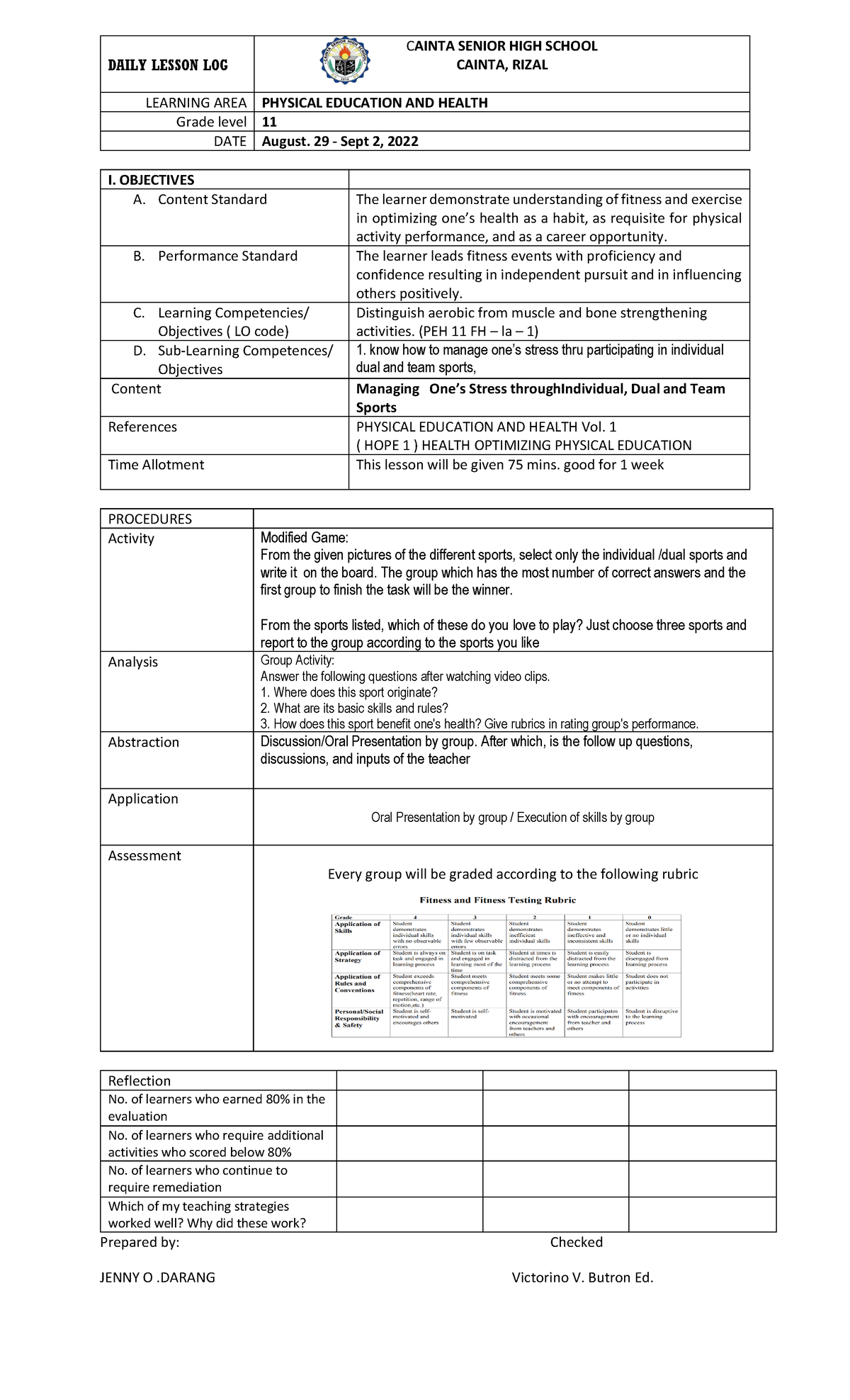 SEPT 2, 2023 - LEARNING PLAN - I. OBJECTIVES A. Content Standard The ...