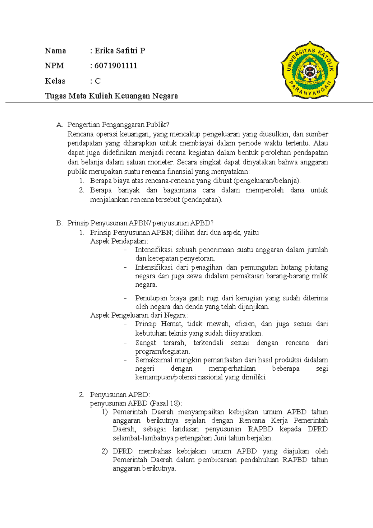 Tugas Keuangan Negara - Nama : Erika Safitri P NPM : 6071901111 Kelas ...