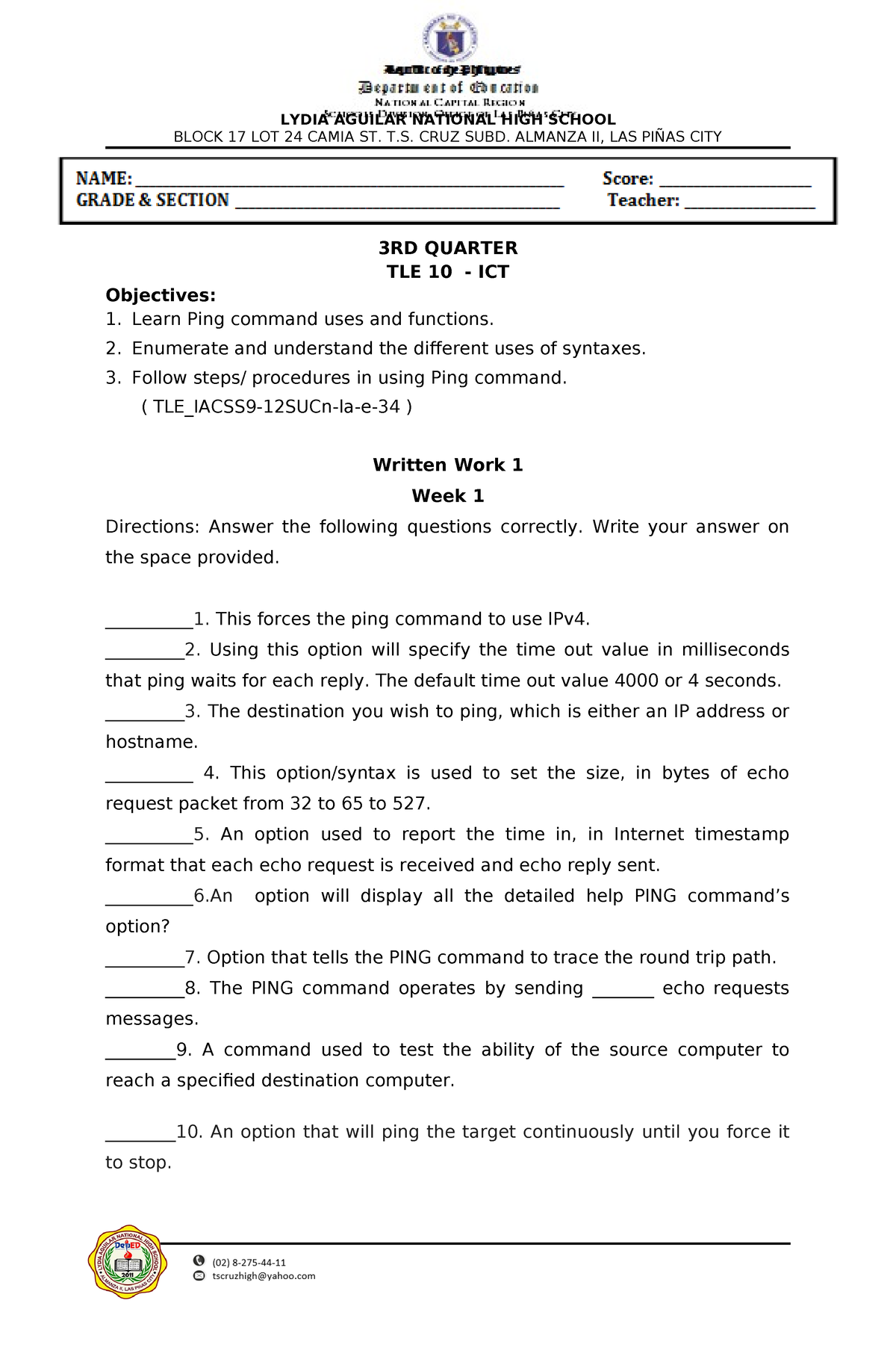 3RD- Quarter ICT-LAW Week-1-4 - BLOCK 17 LOT 24 CAMIA ST. T. CRUZ SUBD ...