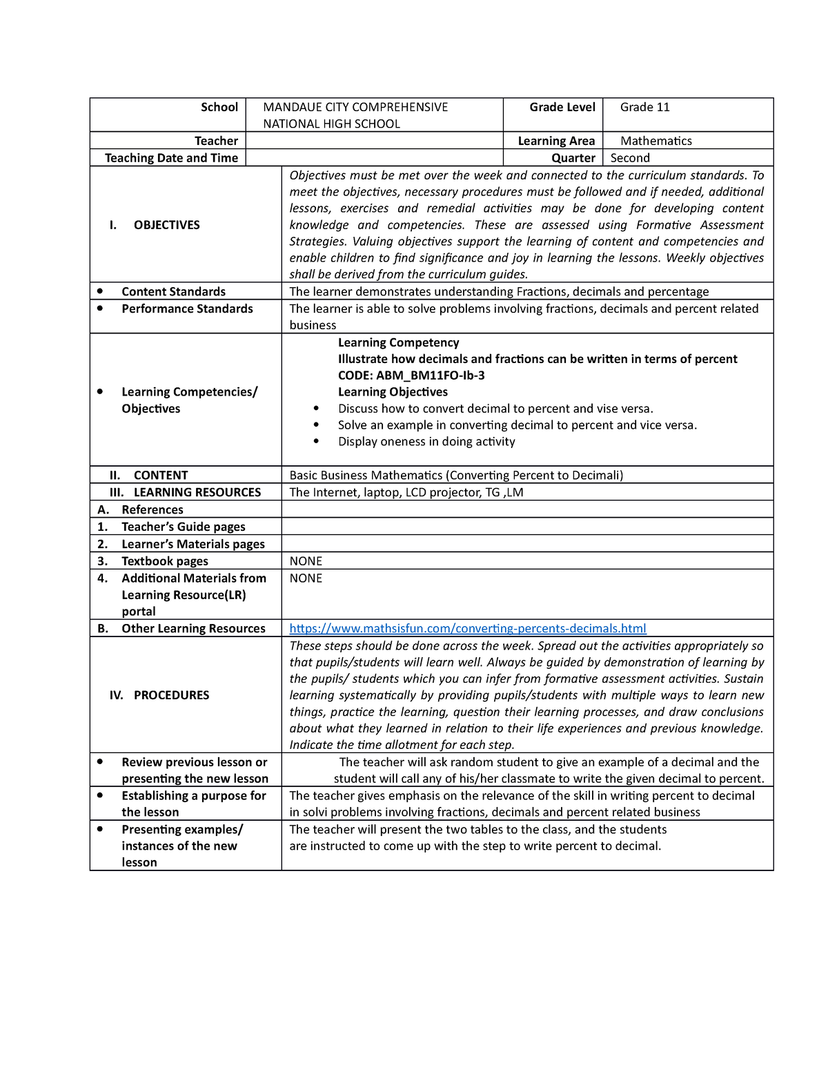 BM I-6 - lesson plan - School MANDAUE CITY COMPREHENSIVE NATIONAL HIGH ...