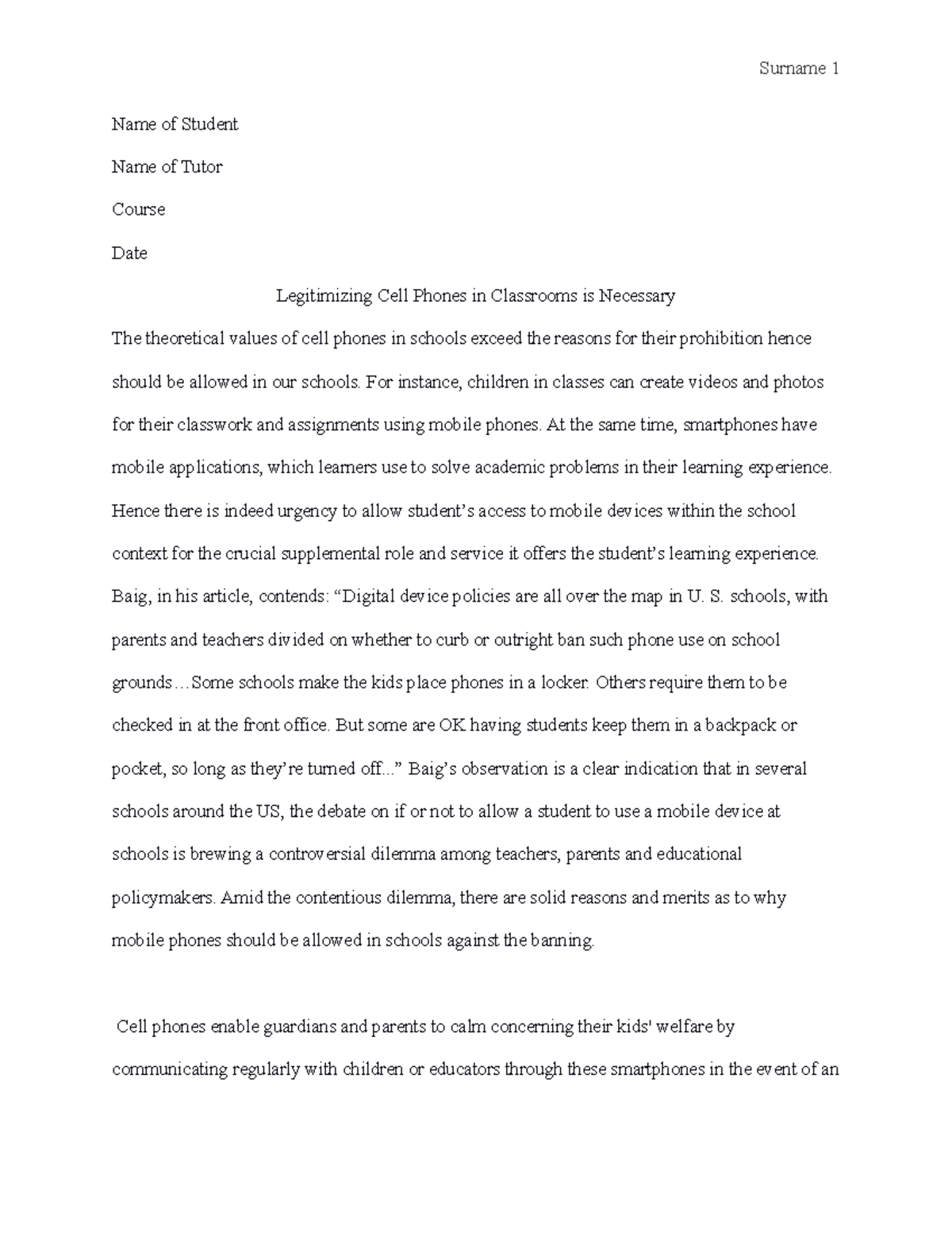 Final Draft cell phones in classrooms Name of Student Name of Tutor