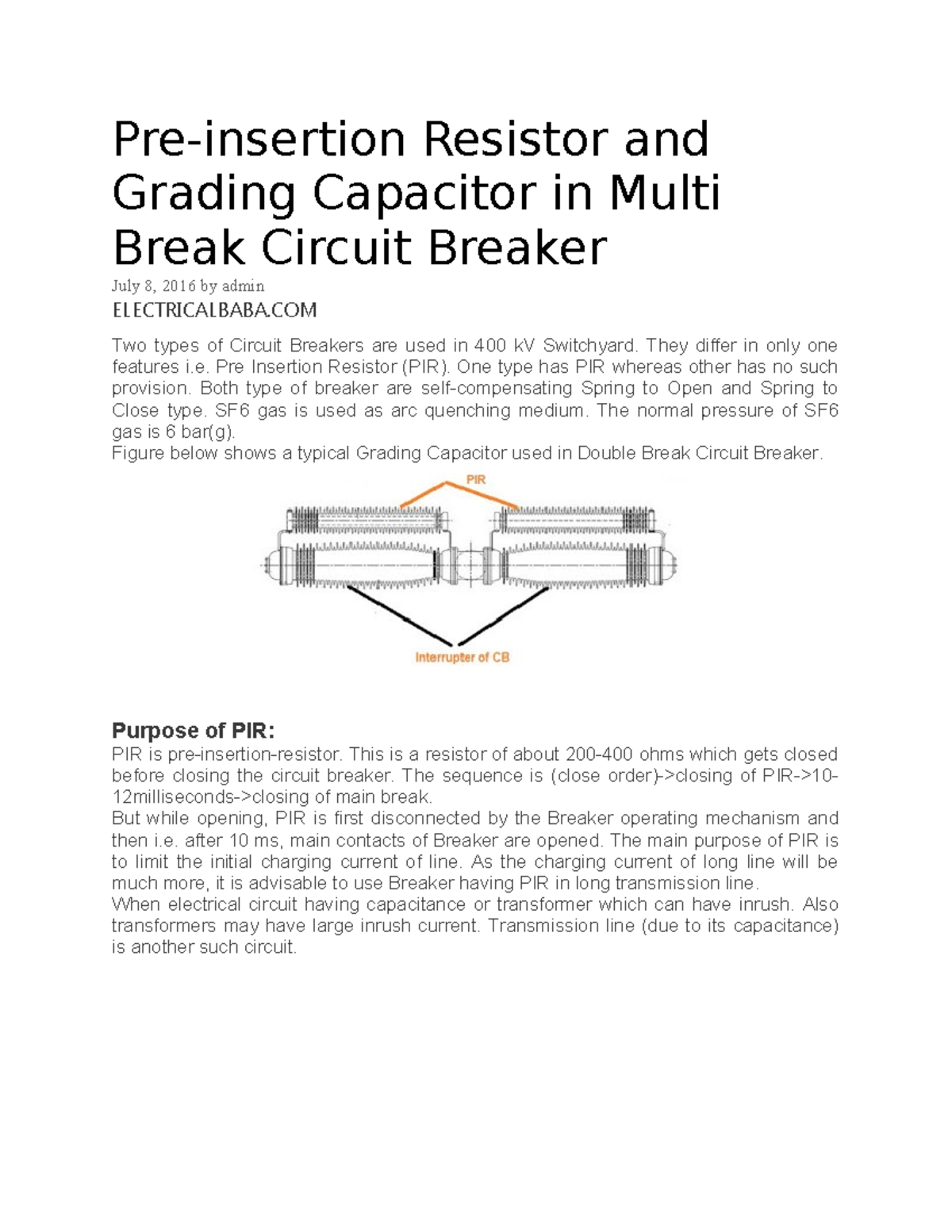 line cb pir grading capacitor Preinsertion Resistor and Grading