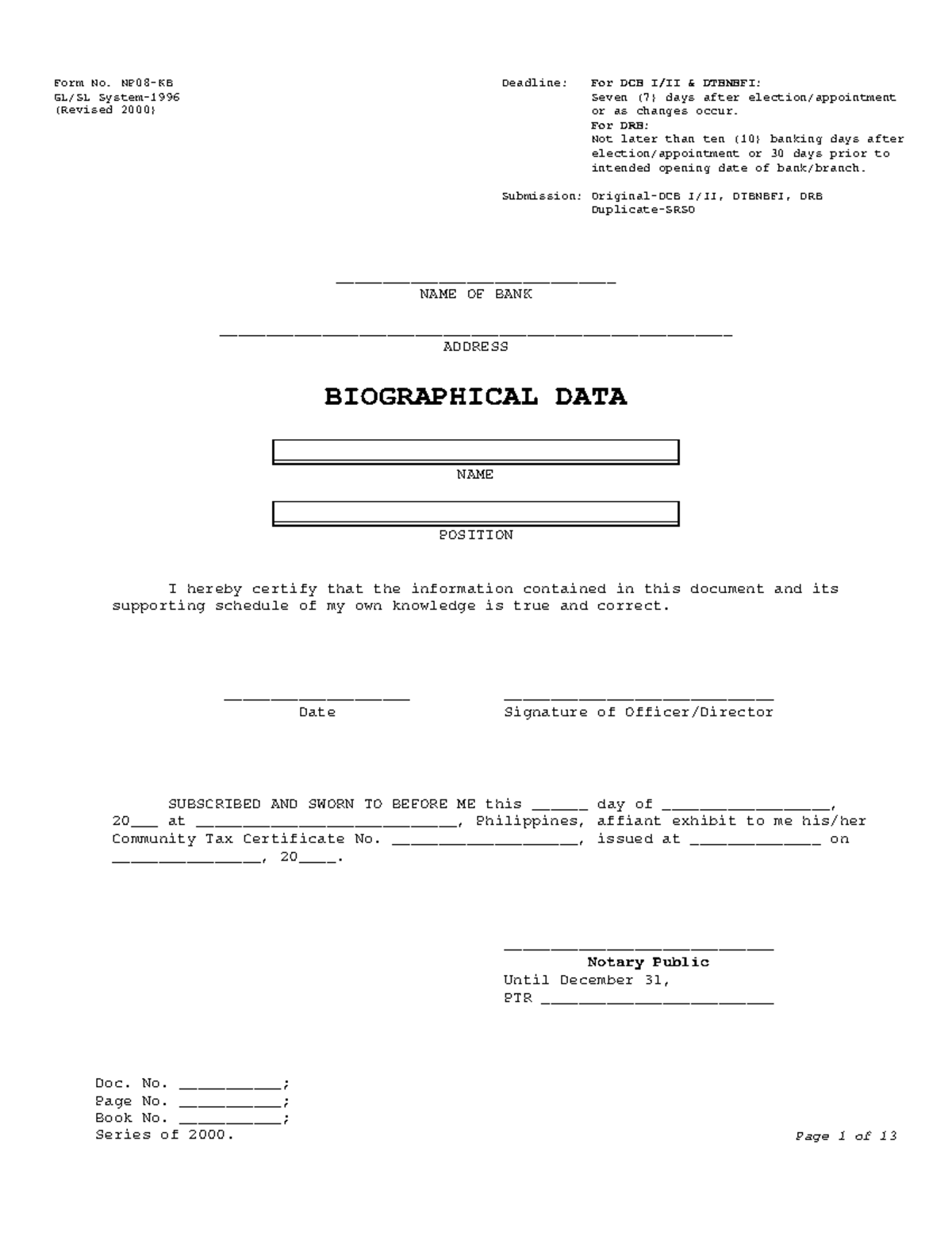 Biogrraphical Data Form - ______________________________ NAME OF BANK ...