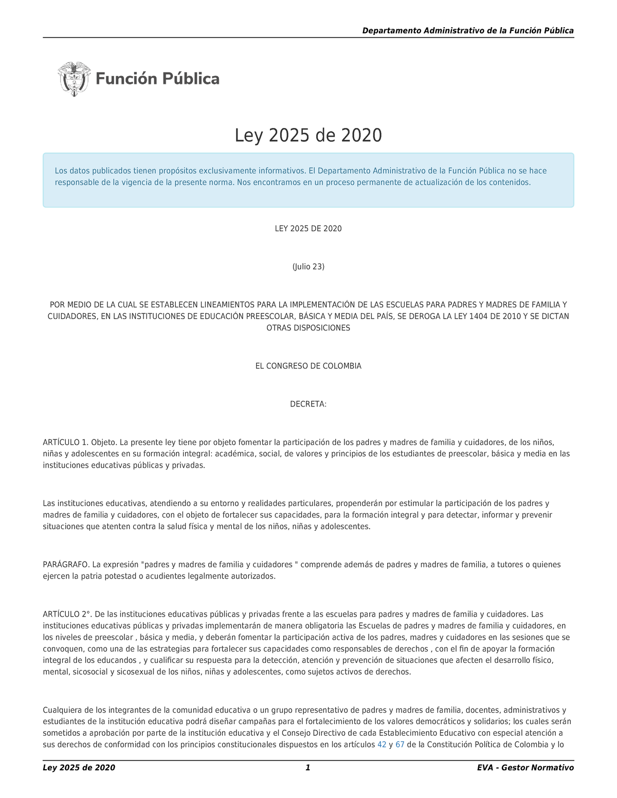 Ley 2025 de 2020 Ley de educación Ley 2025 de 2020 Los datos