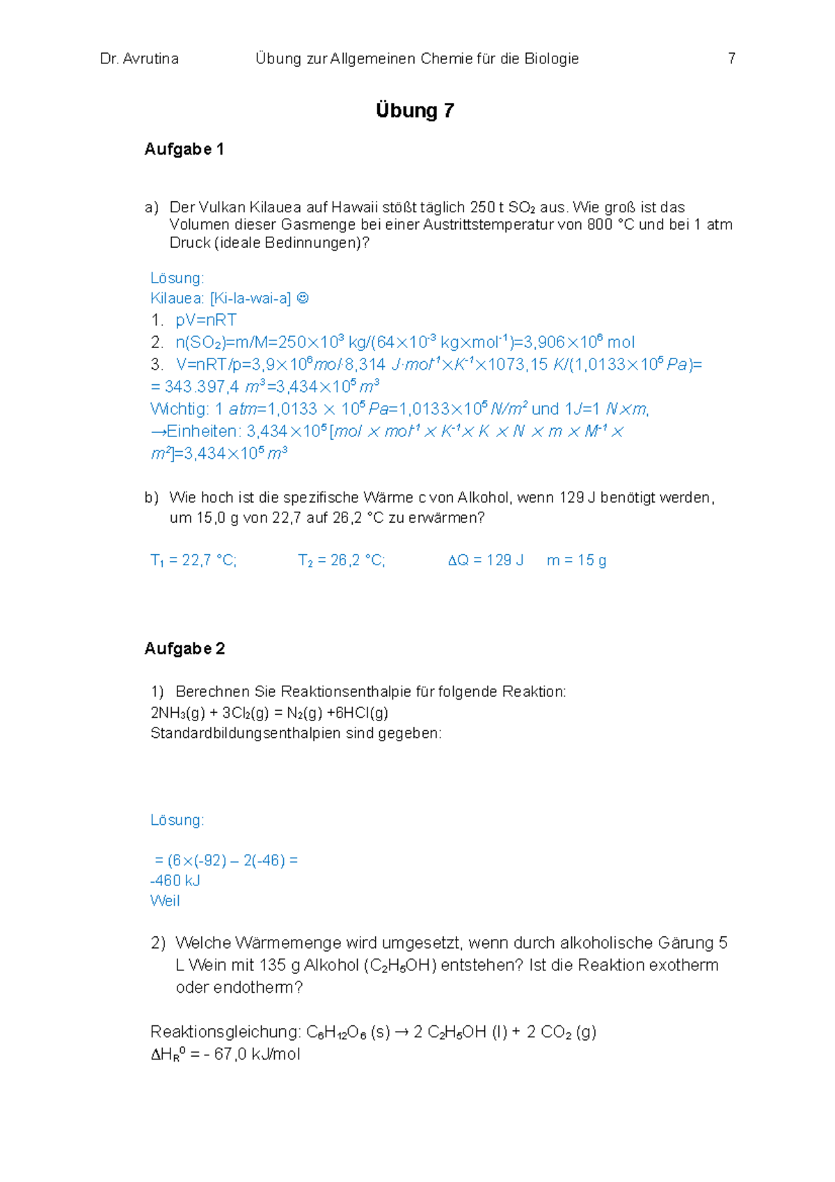 Übung 07 Chemie für Bilogen mit Lösung - Übung 7 Aufgabe 1 a) Der ...