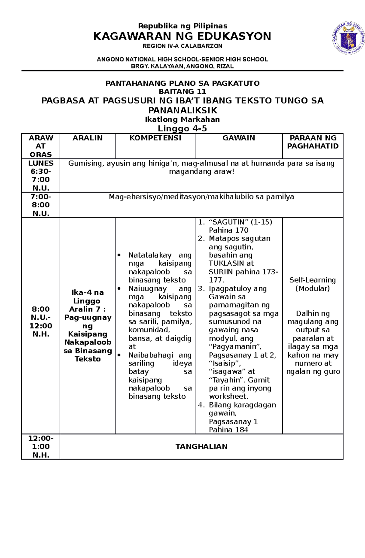 Weekly Home Learning Plan Week 4 5 Aralin 7 8 Pagbasa At Pagsusuri ...