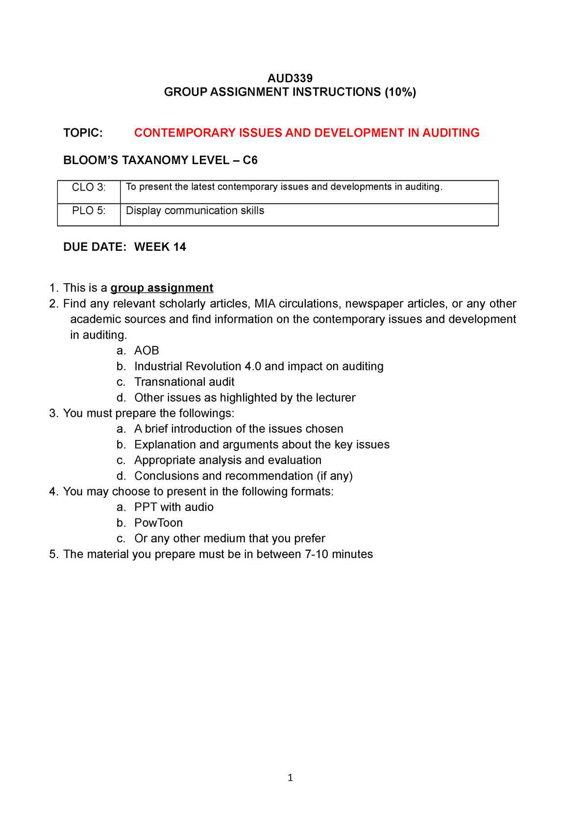 instructiuons good - AUD GROUP ASSIGNMENT INSTRUCTIONS (10%) TOPIC ...