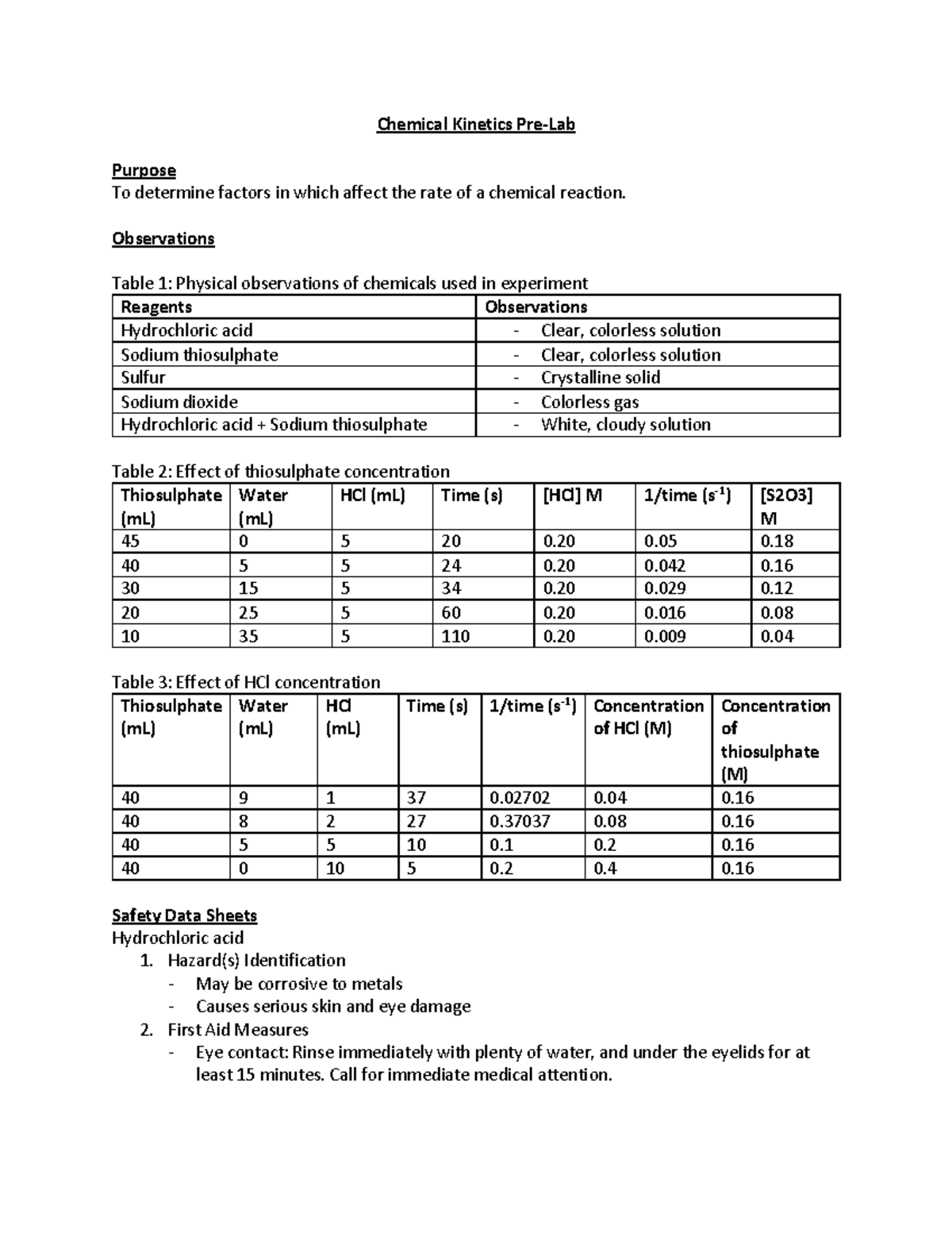 Chemical Pre Lab Chemical PreLab Purpose To
