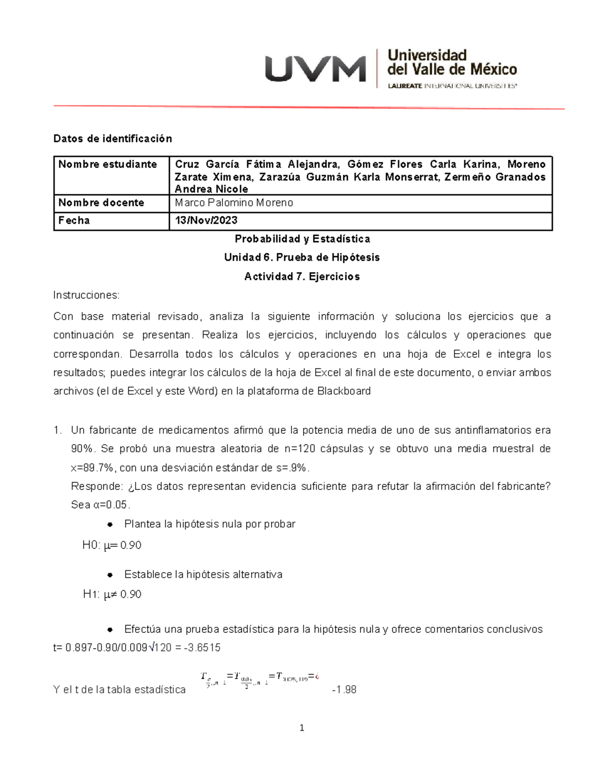 E UVM-T BA7 - Actividad 7. Probabilidad Y Estadística. - Datos De ...