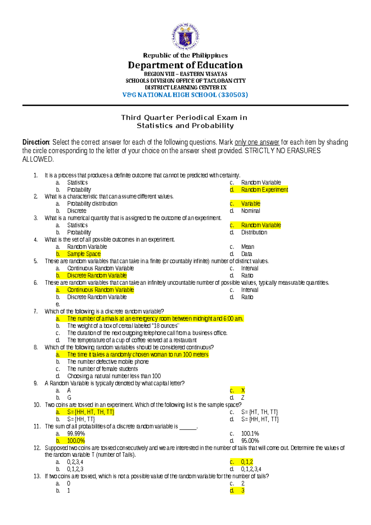 3Q-STAT-Periodical Exam - Republic of the Philippines Department of ...