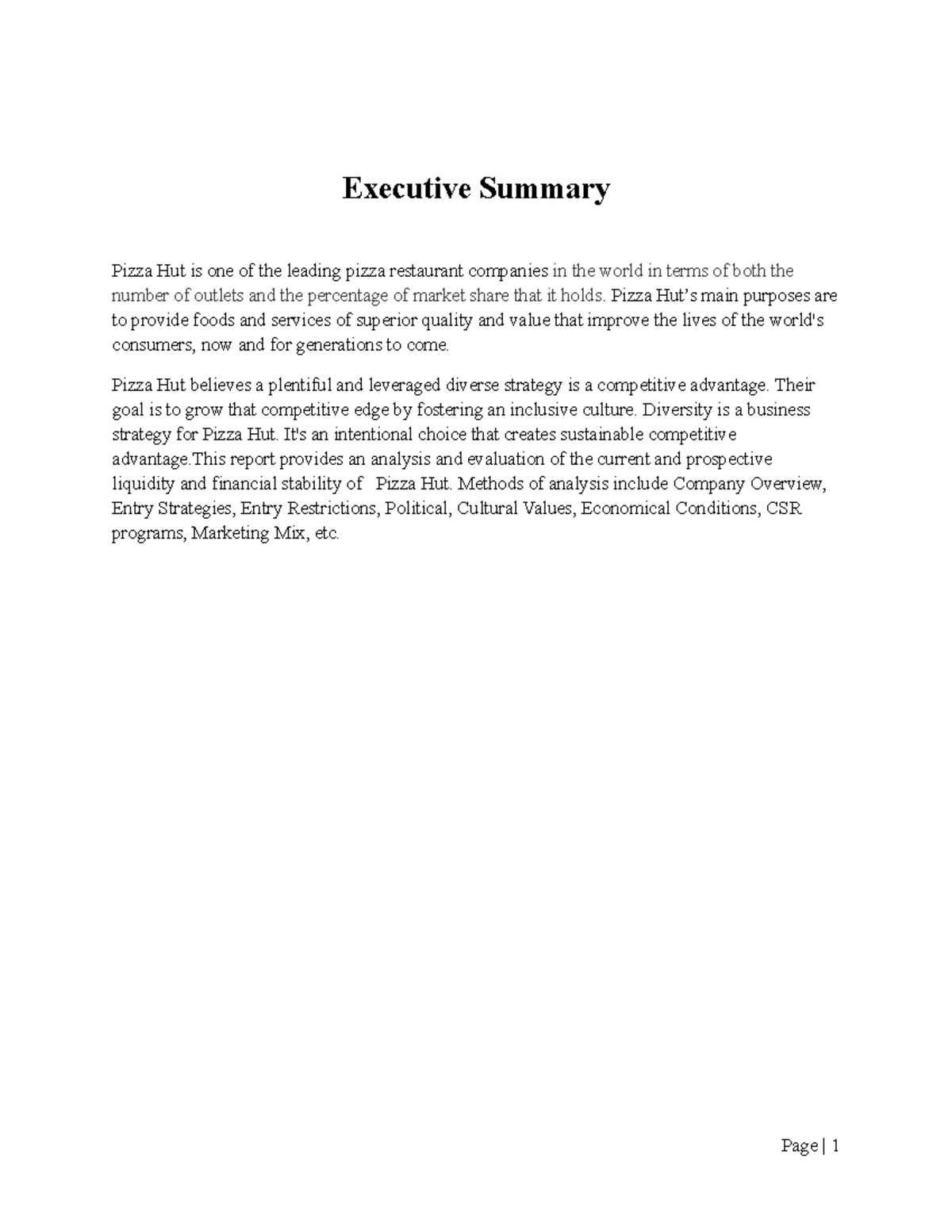 Pizza hut dadad Executive Summary Pizza Hut is one of the leading