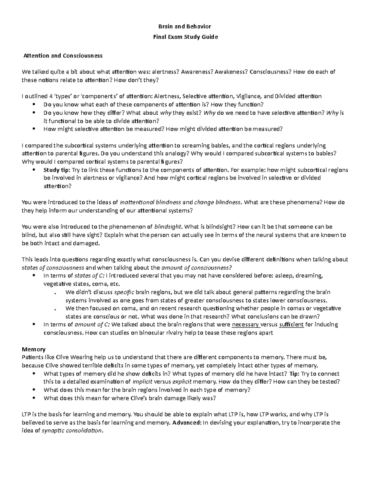 Final Exam Study Guide - Brain and Behavior Final Exam Study Guide ...