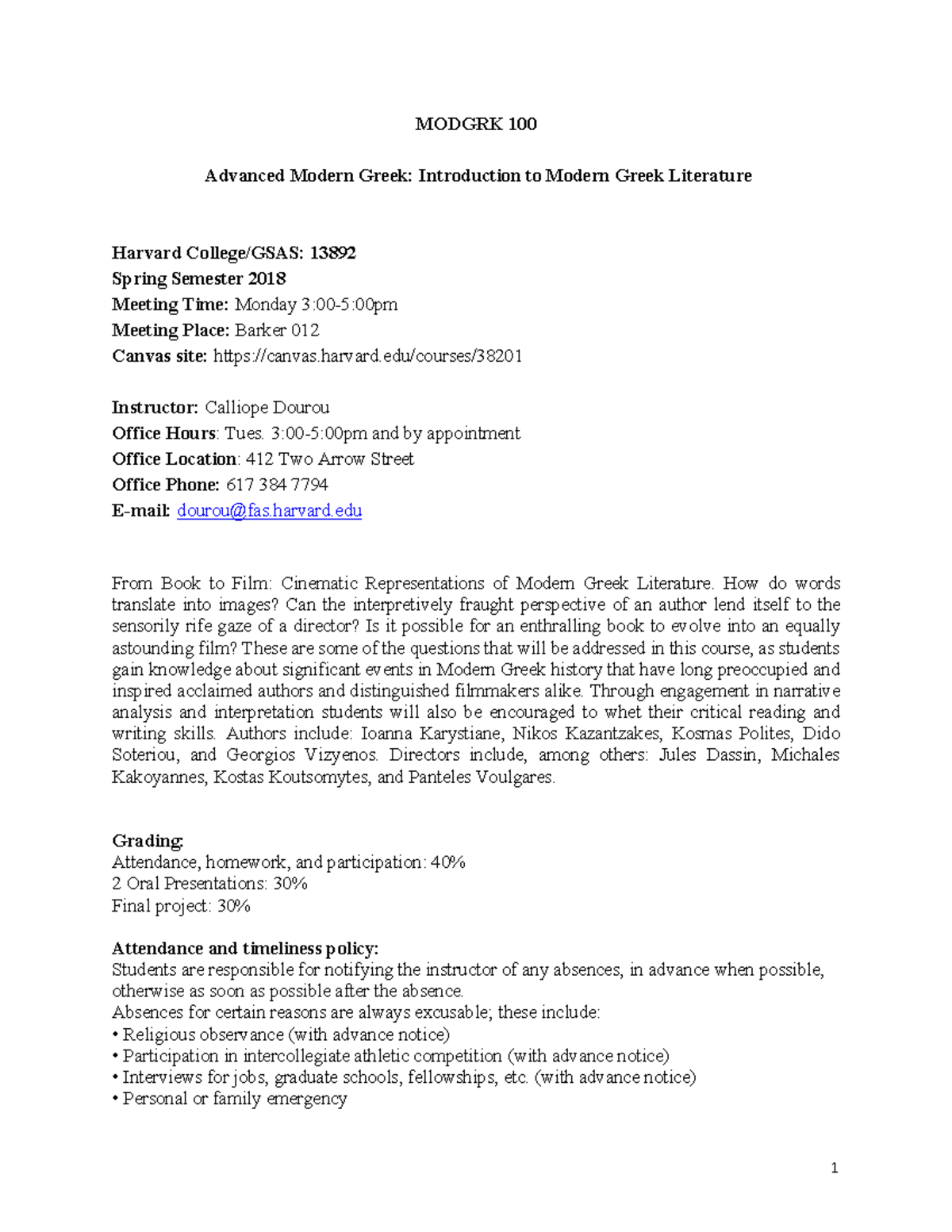 Modgrk 100 syllabus 2018 MODGRK 100 Advanced Modern Greek