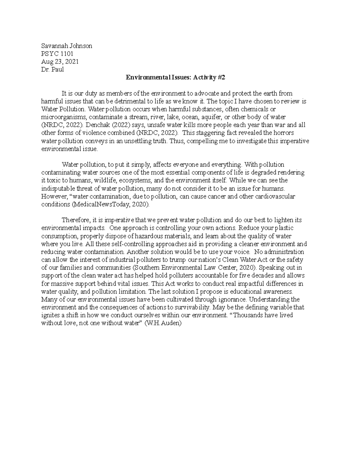 Enviromental Issues- Activity # 2 - Savannah Johnson PSYC 1101 Aug 23 ...