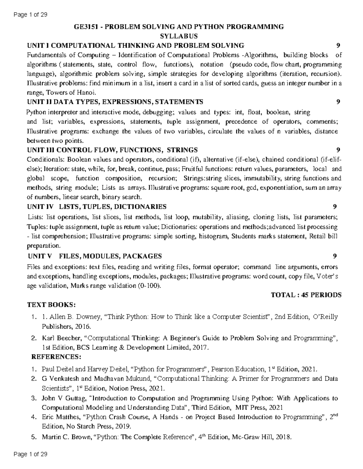 GE3151 Question BANK Final - GE3151 - PROBLEM SOLVING AND PYTHON ...