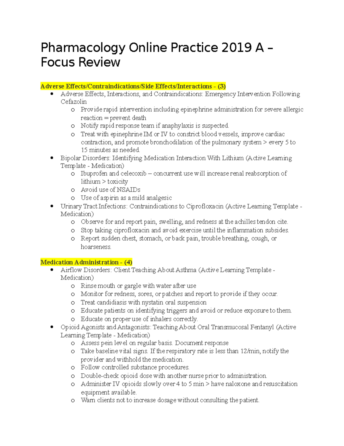 Pharmacology Online Practice 2019 A - Focus Review - Pharmacology ...