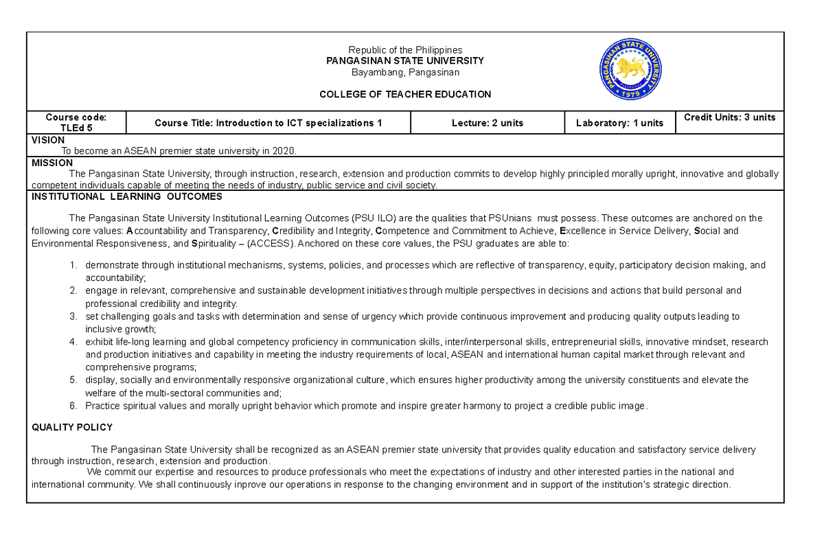 Btled ICT 1 2020 ISO OBE Syllabus 2 - Republic of the Philippines ...