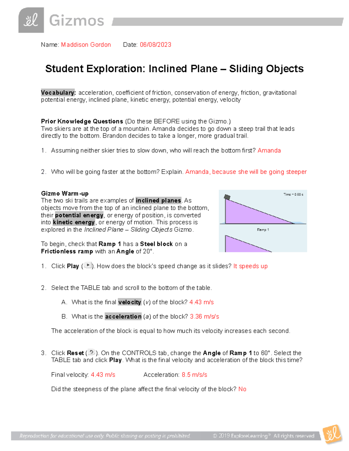 Inclined Plane Sliding SE - Name: Maddison Gordon Date: 06/08/ Student ...