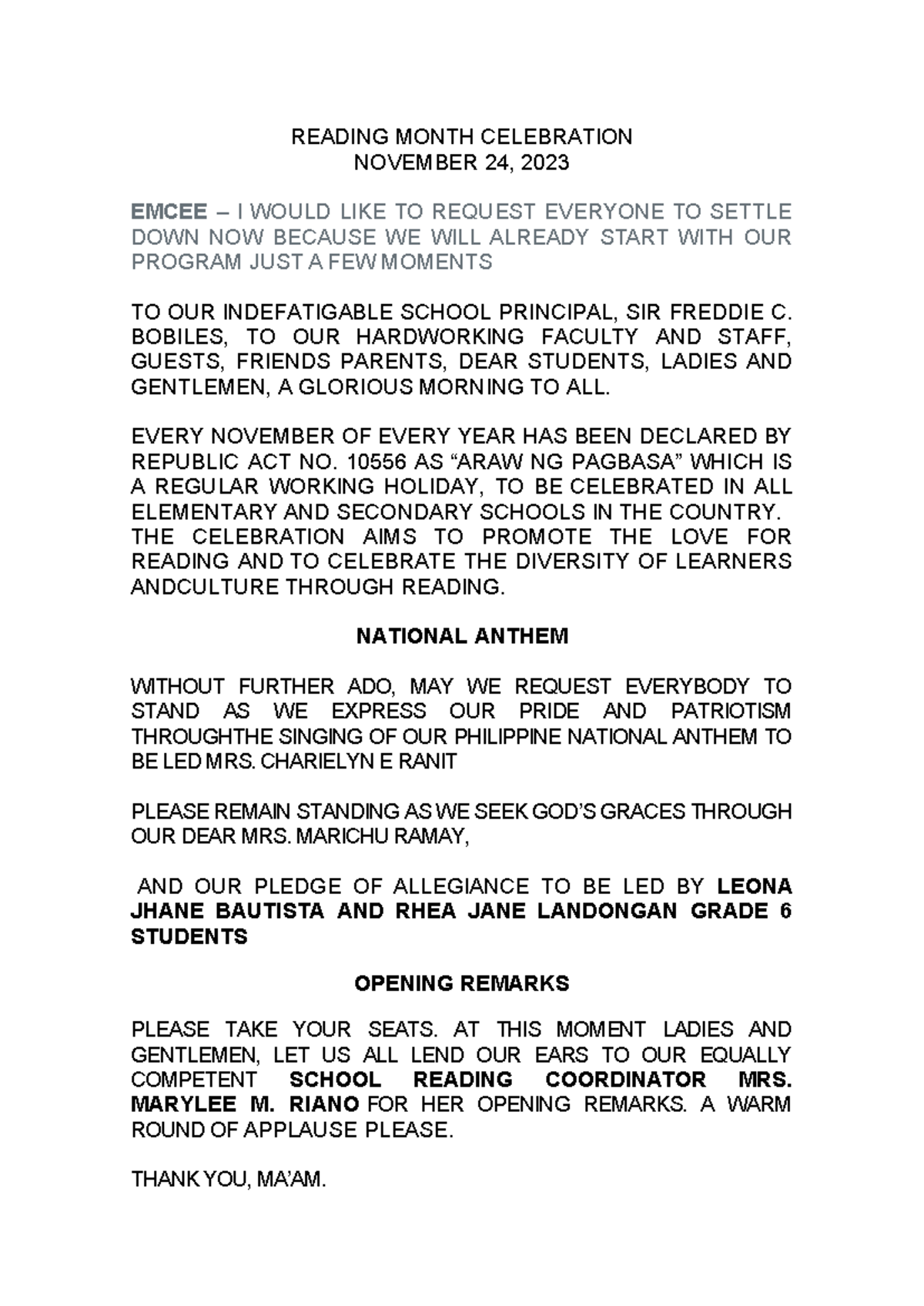 EXAMPLE OF EMCEE SCRIPT FOR SCHOOL PROGRAM - READING MONTH CELEBRATION ...