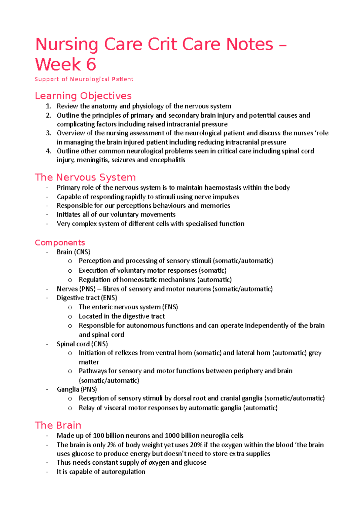 Nursing Care Crit Care Notes – Week 6 - brain, CSF, cerebral blood 昀氀ow ...