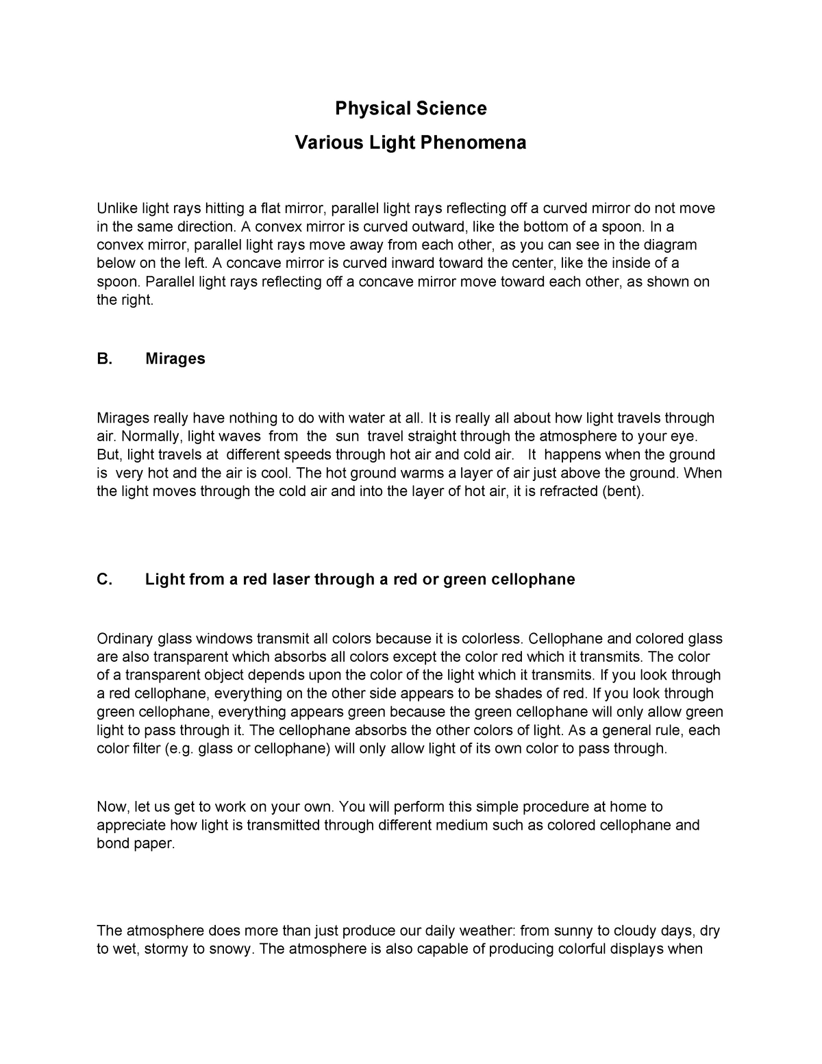 Physical Science Various Light Phenomena - General Physics - OMSC - Studocu