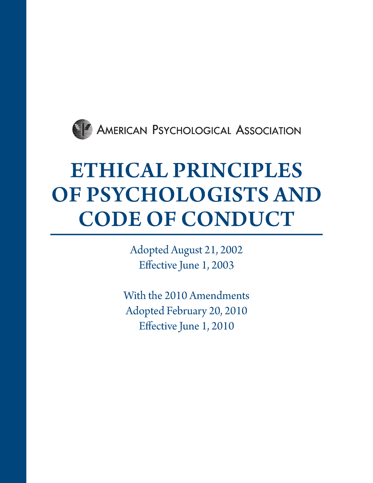 APA Code Of Ethics - ETHICAL PRINCIPLES OF PSYCHOLOGISTS AND CODE OF ...