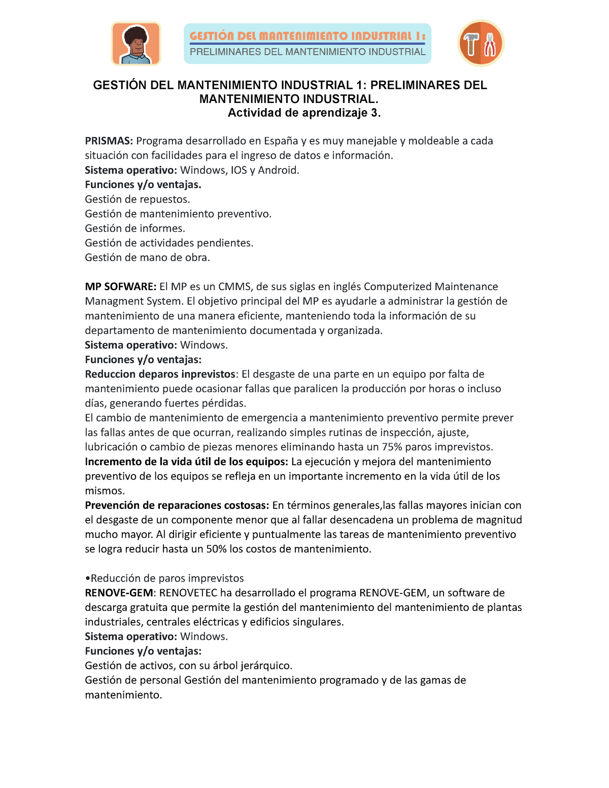 Actividad De Aprendizaje 3 GestiÓn Del Mantenimiento Industrial 1 Preliminares Del 4127