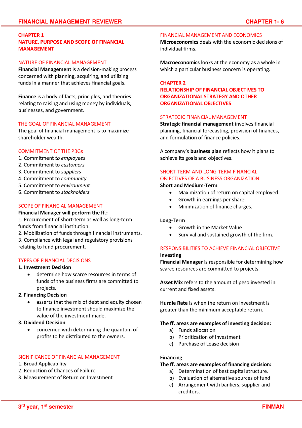 Financial-Management-Reviewer - CHAPTER 1 NATURE, PURPOSE AND SCOPE OF ...