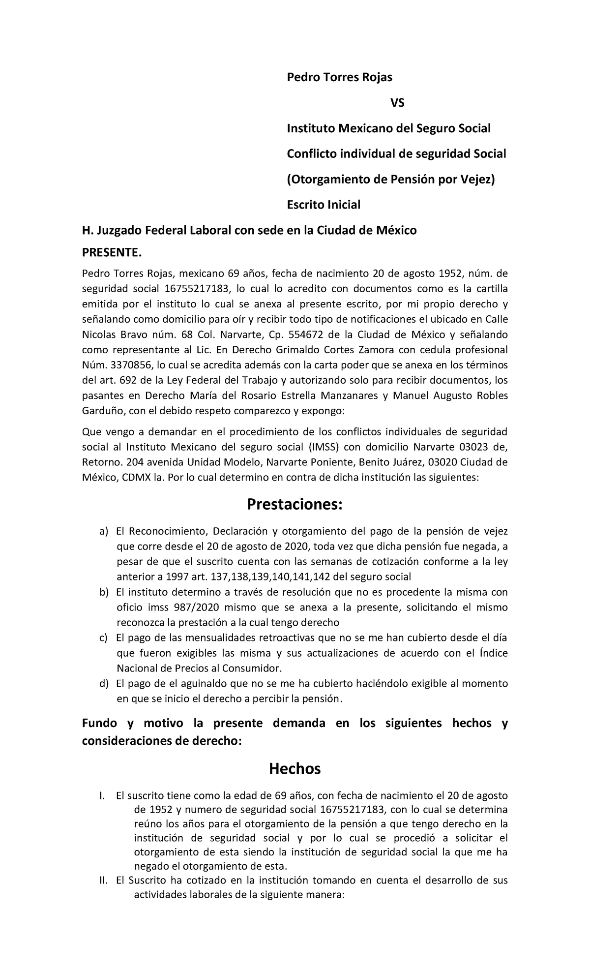 Demanda sesión cinco - Pedro Torres Rojas VS Instituto Mexicano del Seguro  Social Conflicto - Studocu