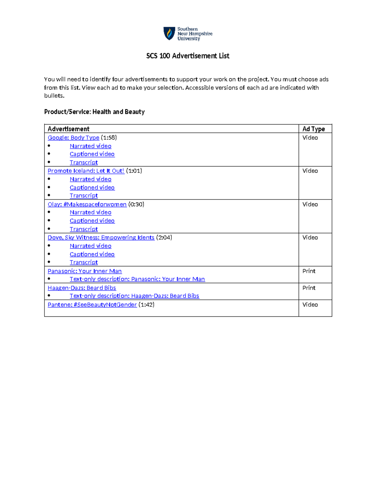 SCS 100 Project Advertisement List - SCS 100 Advertisement List You ...