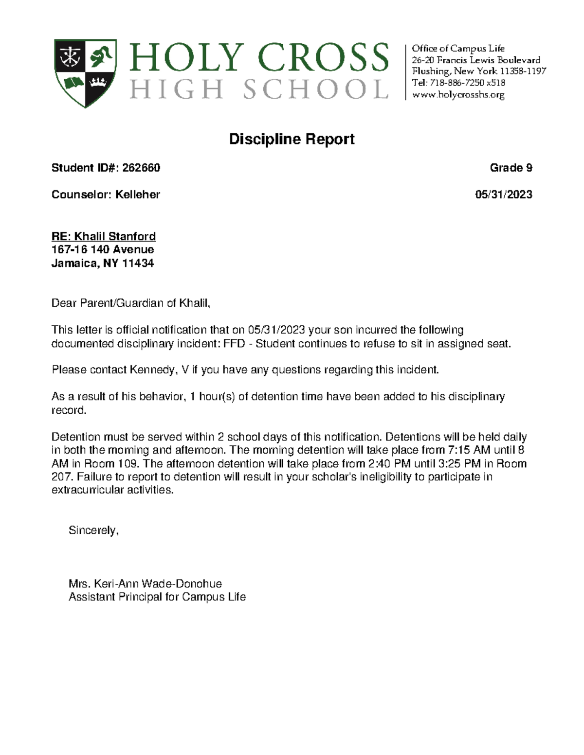 Detention Notification 5 - StudentID: RE: Khalil Stanford 167-16 140 ...