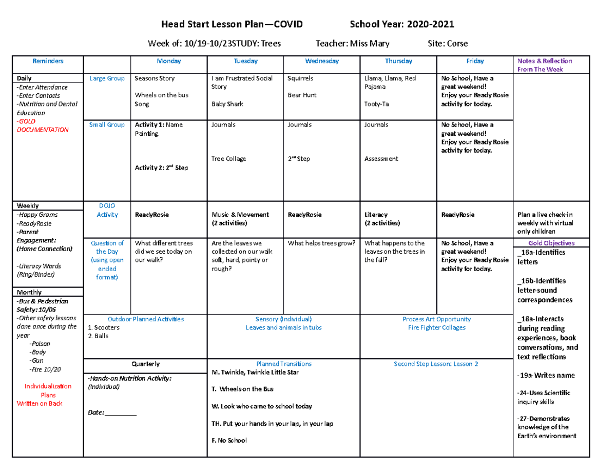 Lesson Plan for October 19-23 - Head Start Lesson Plan—COVID School ...