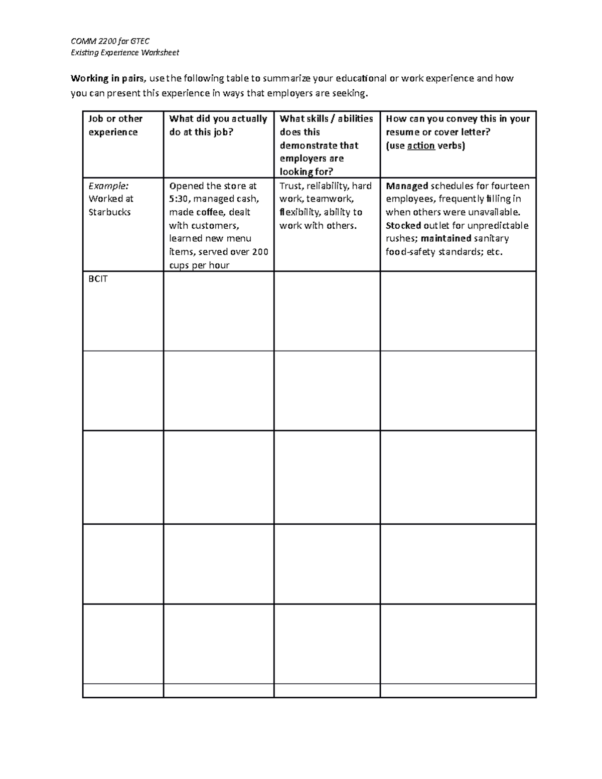 Existing Experience Worksheet - COMM 2200 for GTEC Existing Experience ...