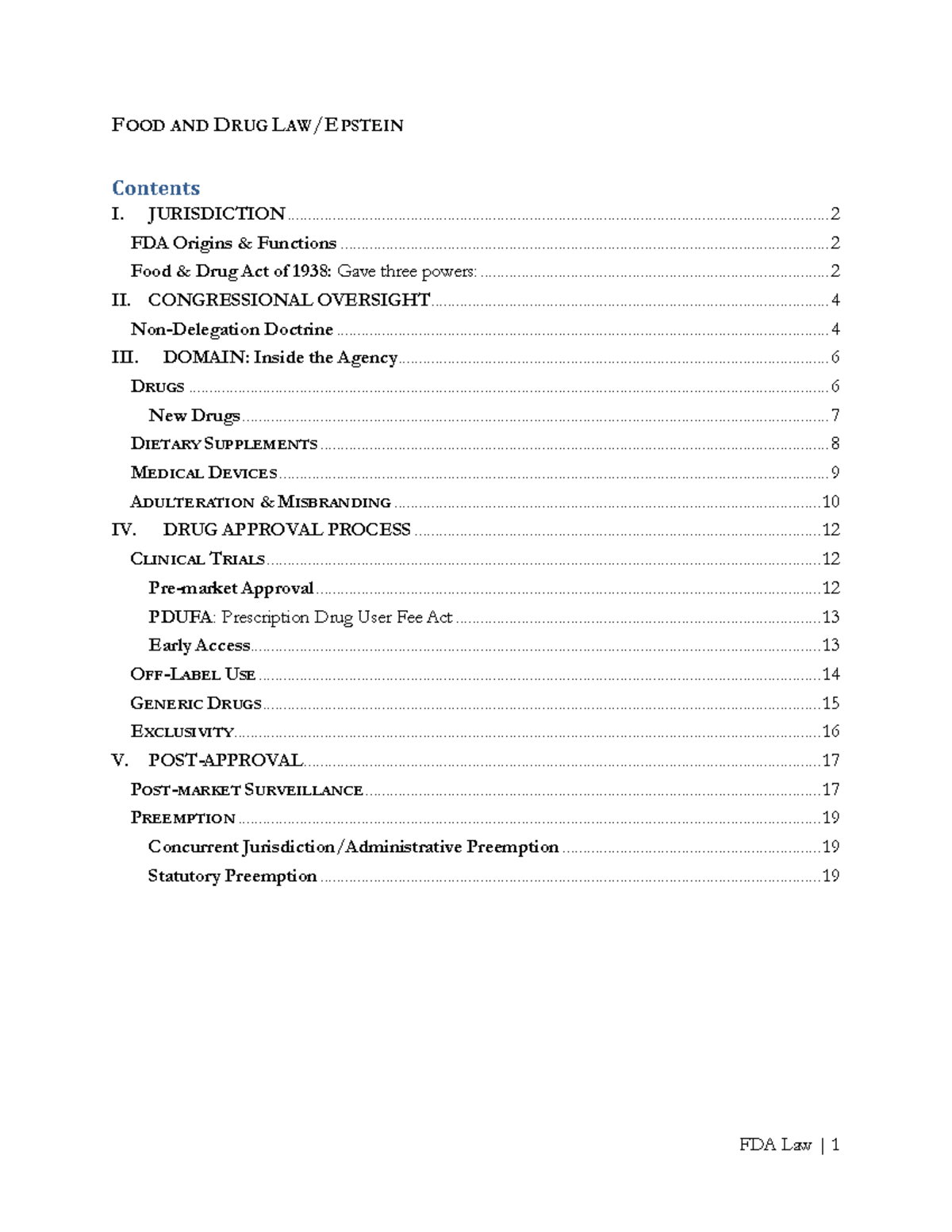 FDA Law Outline Epstein Spring 2011 - Contents - Studocu