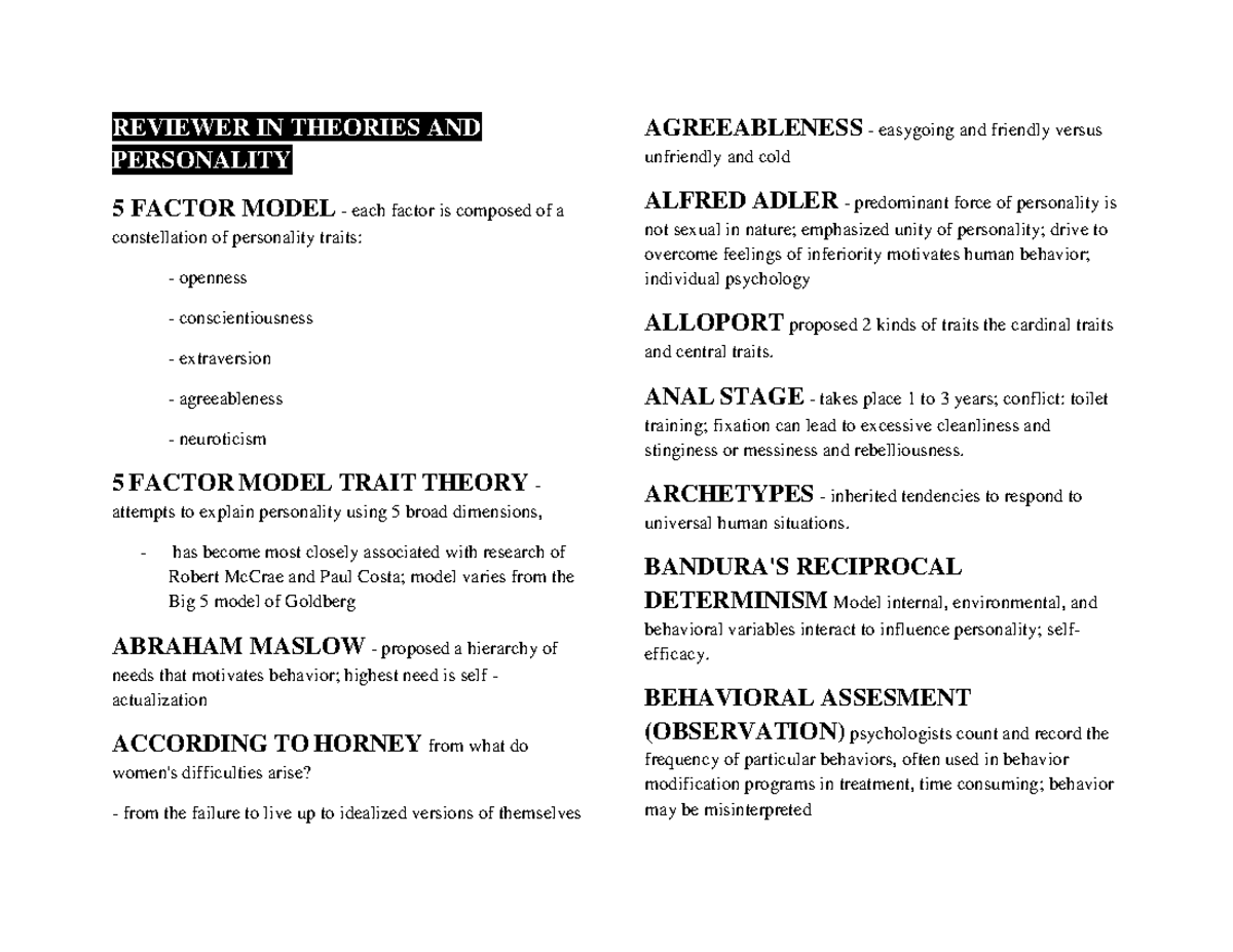 Reviewer IN Theories AND Personality REVIEWER IN THEORIES AND