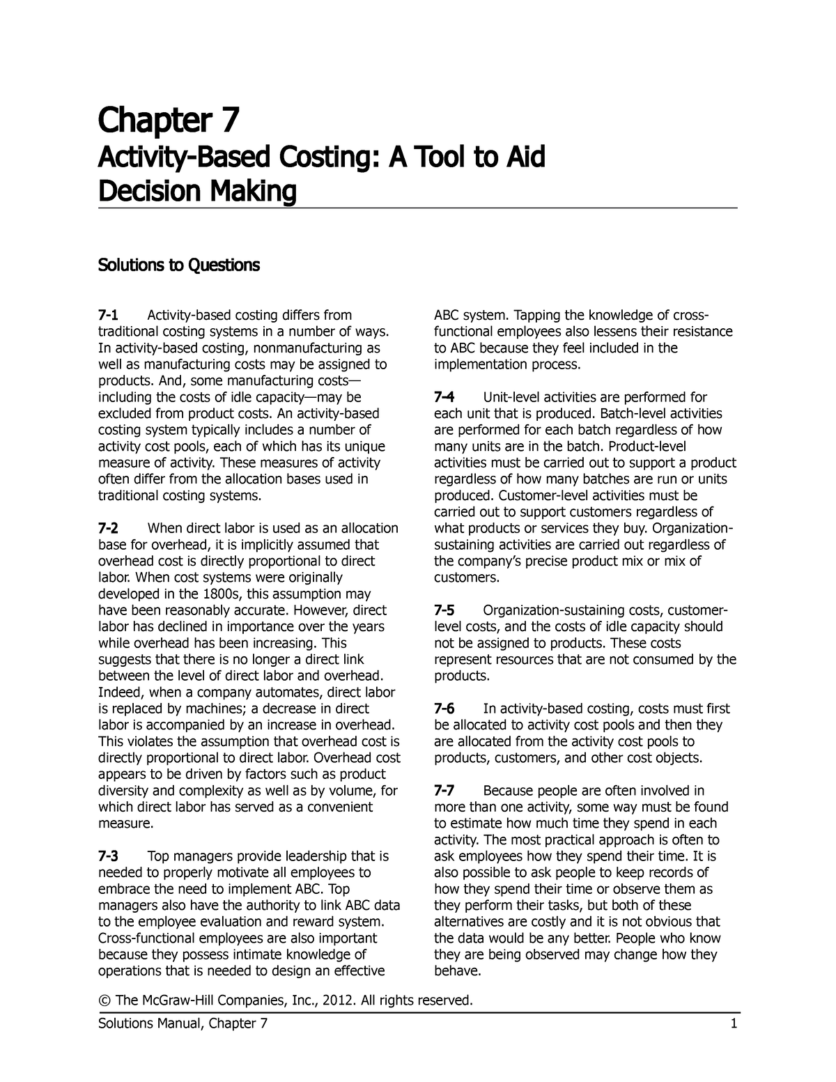 Chap 7 Solutions - Chapter 7 Activity-Based Costing: A Tool To Aid ...