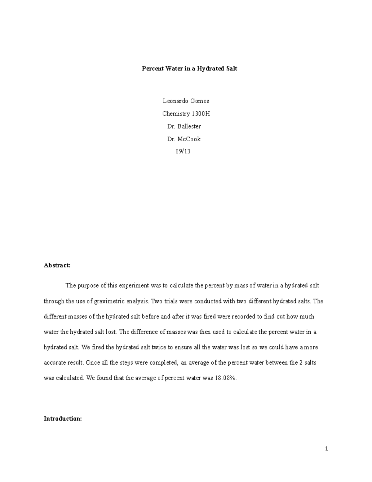 Lab 5 Percent Water in a Hydrate Salt Percent Water in a Hydrated