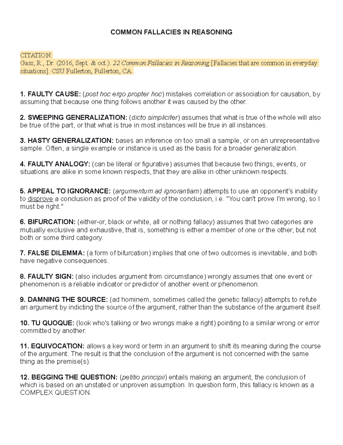 22 common fallacies FALL 2020 - COMMON FALLACIES IN REASONING CITATION ...