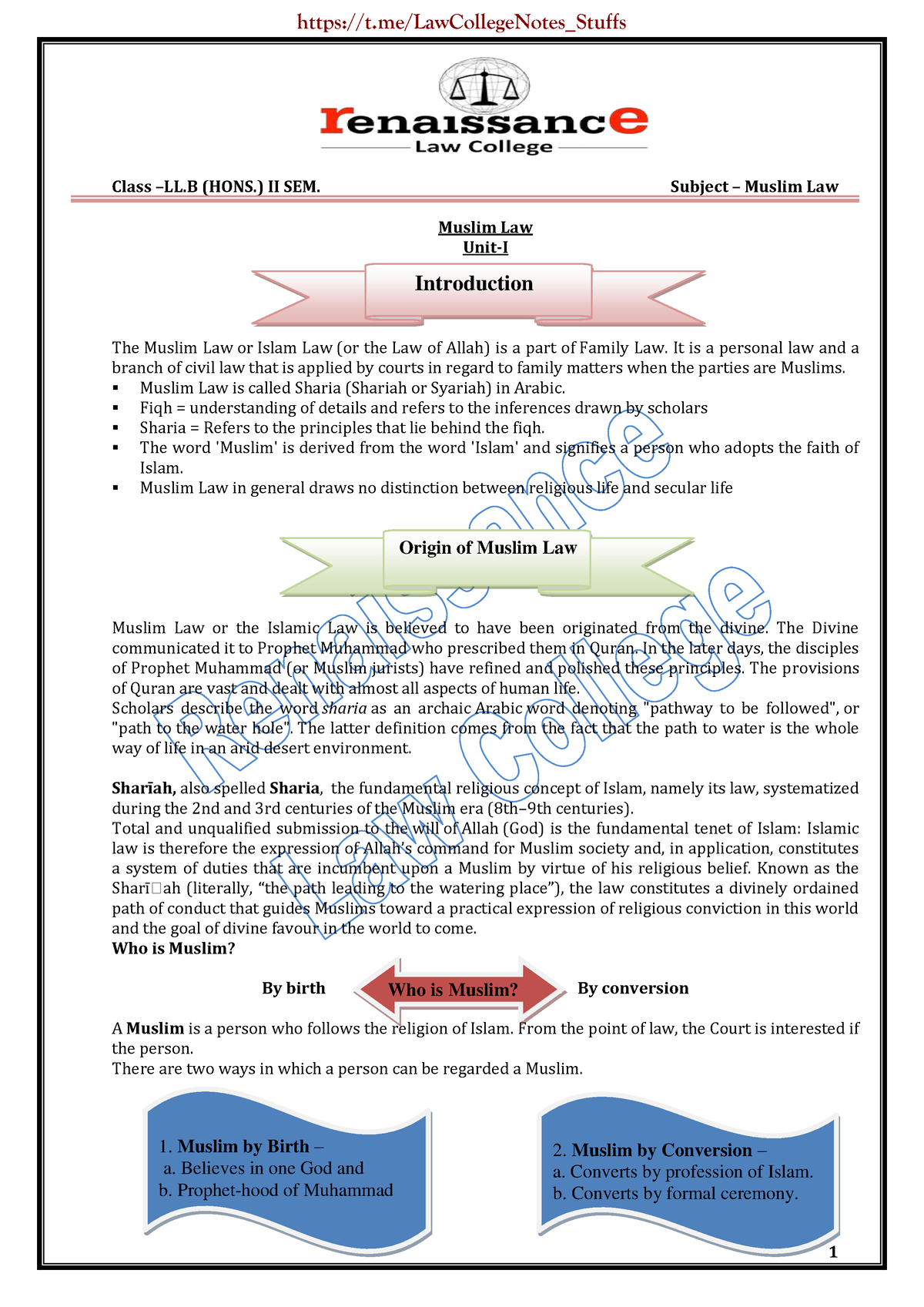 Muslim Law Renaissance Law College Notes - Class – LL (HONS.) II SEM ...